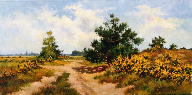 Henk Poeder | Heidelandschap met brem, olieverf op doek, 40,0 x 80,0 cm, gesigneerd r.o.