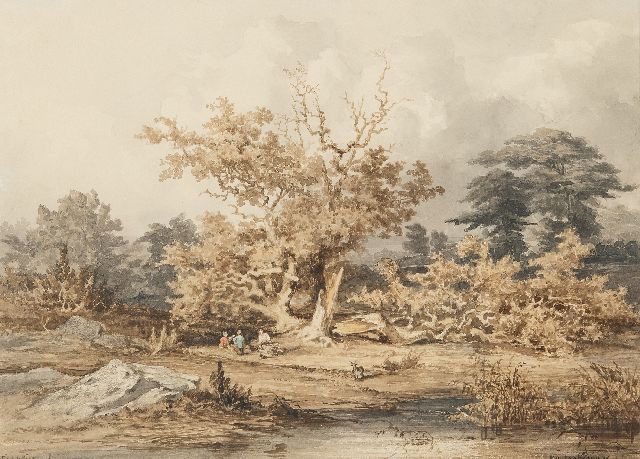 Martinus Antonius Kuytenbrouwer II | Gezicht in het bos van Fontainebleau, bruine inkt, zwart krijt en aquarel op papier, 24,6 x 34,0 cm, gesigneerd r.o.