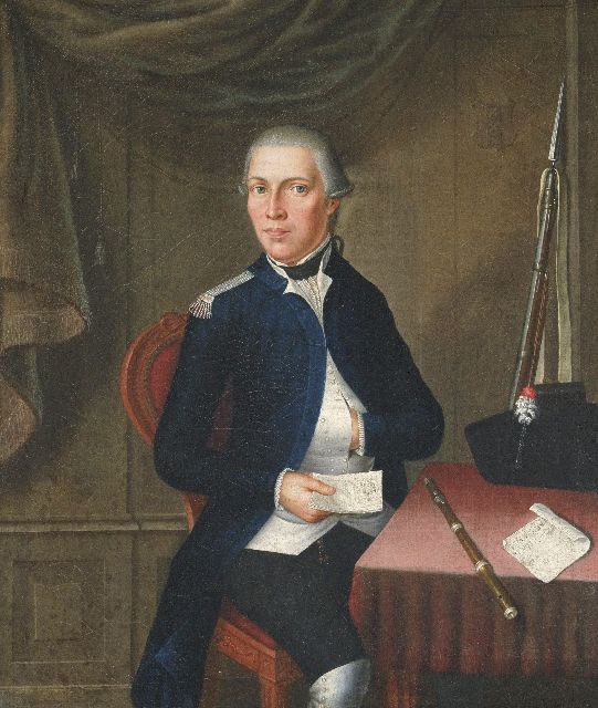 Fargue van Nieuwland I.L. la | Amsterdamse patriot met 'de Post van den Neder-Rhijn' in de hand, olieverf op doek 48,1 x 41,3 cm, gedateerd 1788