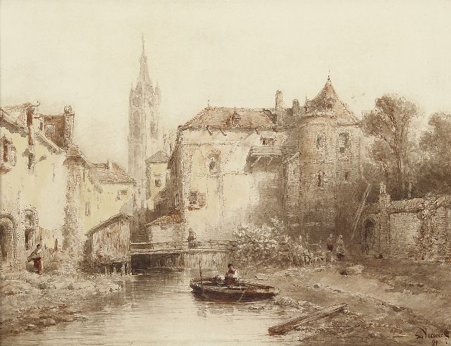 Salomon Verveer | Stadsgezicht met klokkentoren in de verte, inkt en aquarel op papier, 25,0 x 33,0 cm, gesigneerd r.o. en gedateerd '51