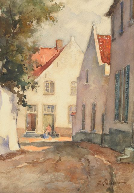 Hugo Polderman | Zonnig straatje, aquarel op papier, 26,5 x 19,4 cm, gesigneerd r.o.