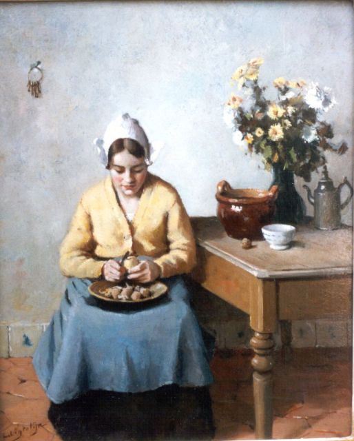 Evert Jan Ligtelijn | Boerenmeisje schilt aardappels, olieverf op paneel, 30,0 x 24,5 cm, gesigneerd l.o.