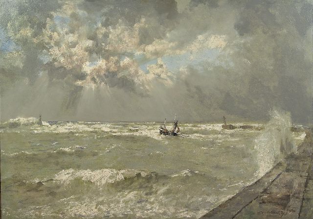 Johan Hendrik van Mastenbroek | Een logger bij ruw weer, Scheveningse haven, olieverf op doek, 70,3 x 100,1 cm, gesigneerd r.o. en gedateerd 1936