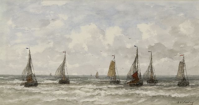 Hendrik Willem Mesdag | Bomschuiten in de branding, aquarel en gouache op papier, 34,7 x 65,7 cm, gesigneerd r.o.