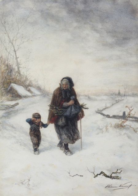 Elchanon Verveer | Hout sprokkelen in de sneeuw, pen en inkt en aquarel op papier, 52,9 x 37,5 cm, gesigneerd r.o.