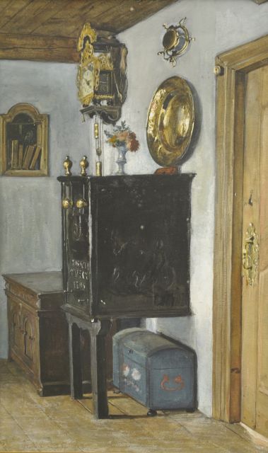 Noord-Duitse School, 19e eeuw | Oostfries interieur, aquarel op papier, 46,4 x 27,9 cm, gesigneerd l.o. onduidelijk gesigneerd en gedateerd 'Niebüll' Sept. '87