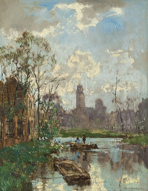 Johan Hendrik van Mastenbroek | Gezicht op een gracht, olieverf op doek, 34,9 x 27,4 cm, gesigneerd r.o. en gedateerd 1921