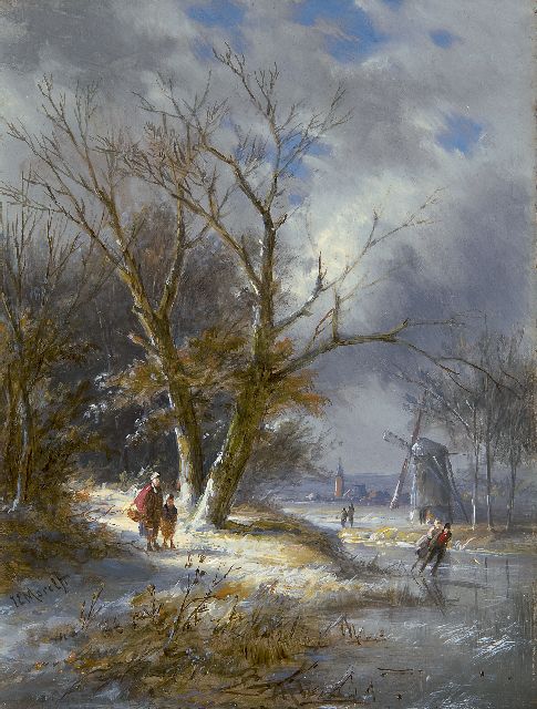 Jan Evert Morel II | Schaatsers en landvolk in winterlandschap (pendant van 13084), olieverf op paneel, 20,6 x 15,6 cm, gesigneerd l.o.