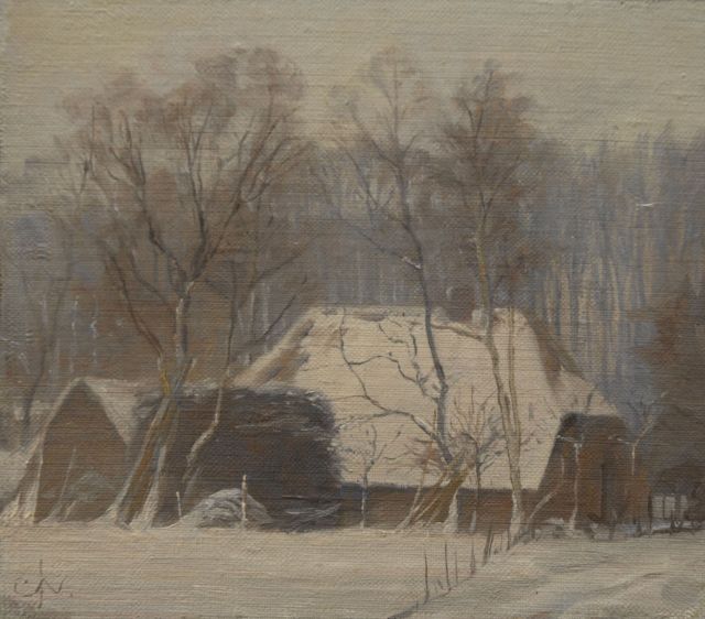 Jan Coenraad Nachenius | Winterse boerderij bij Bennekom, olieverf op doek op paneel, 16,8 x 19,0 cm, gesigneerd l.o. met monogram