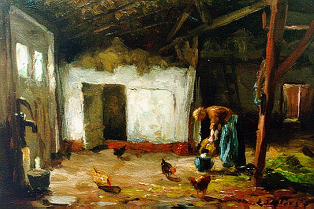 Evert Pieters | Het voeren van de kippen, olieverf op paneel, 14,5 x 21,5 cm, gesigneerd r.o.
