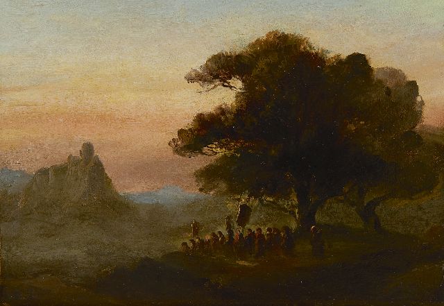 Johannes Tavenraat | Landschap met processie onder een eik, olieverf op papier op paneel, 24,0 x 34,0 cm