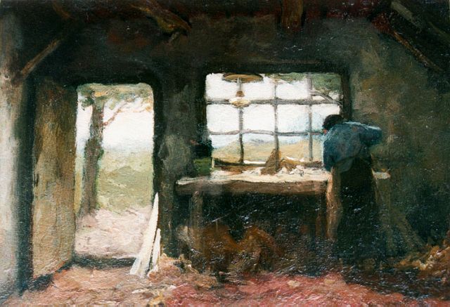 Tony Offermans | De schrijnwerker, olieverf op paneel, 17,8 x 24,0 cm, gesigneerd r.o. en gedateerd '08