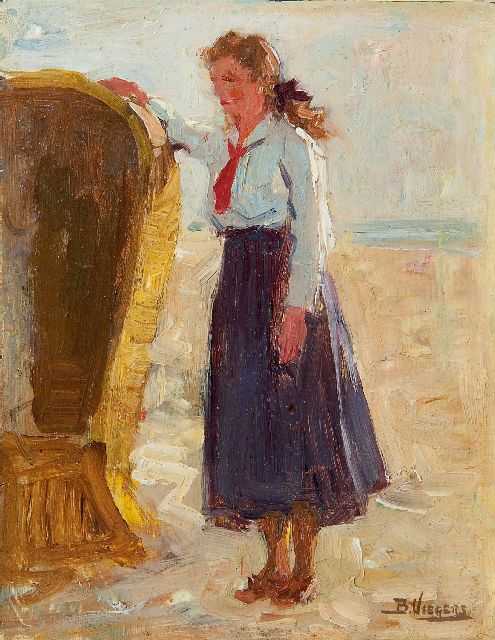Ben Viegers | Op het strand, Scheveningen, olieverf op schildersboard, 18,0 x 14,1 cm, gesigneerd r.o.