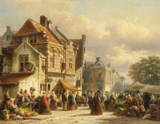 Elias Pieter van Bommel | Groentemarkt in Hollands stadje, olieverf op paneel, 27,0 x 34,9 cm, gesigneerd l.o. en gedateerd '52