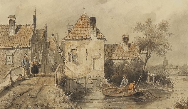Charles Leickert | Dorpsgezicht met pratende figuren en vissers, pen en inkt en aquarel op papier, 18,4 x 30,6 cm, gesigneerd l.o.
