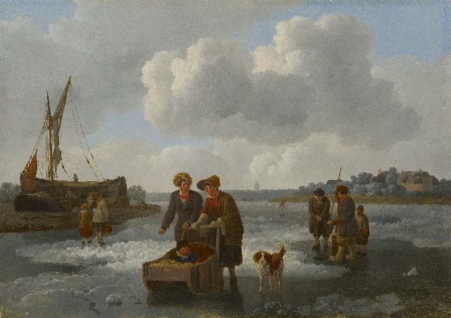 Leendert de Koningh | IJsvissers en slede op een bevroren rivier, olieverf op paneel, 30,1 x 42,0 cm, gesigneerd l.m.