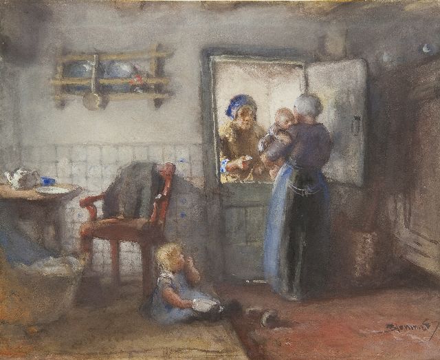 Bernard Blommers | Praatje bij de keukendeur, aquarel op papier, 20,0 x 24,2 cm, gesigneerd r.o.
