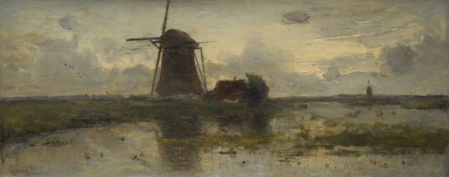 Constan Gabriel | Molens in polderlandschap bij ondergaande zon, olieverf op doek, 25,3 x 60,5 cm, gesigneerd l.o.