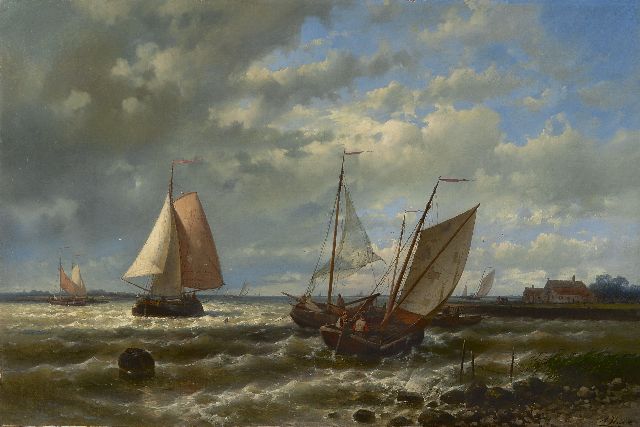 Abraham Hulk | Zeilschepen voor een woelige haveningang, olieverf op doek, 56,7 x 86,2 cm, gesigneerd r.o.