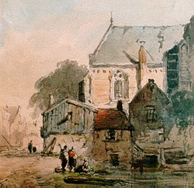 Adrianus Eversen | Figuren bij de stadsgracht, aquarel op papier, 12,4 x 12,7 cm, gesigneerd r.o. monogram