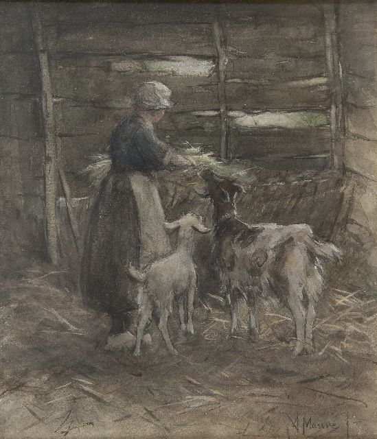 Anton Mauve | Geiten voeren, aquarel op papier, 25,6 x 22,2 cm, gesigneerd r.o.