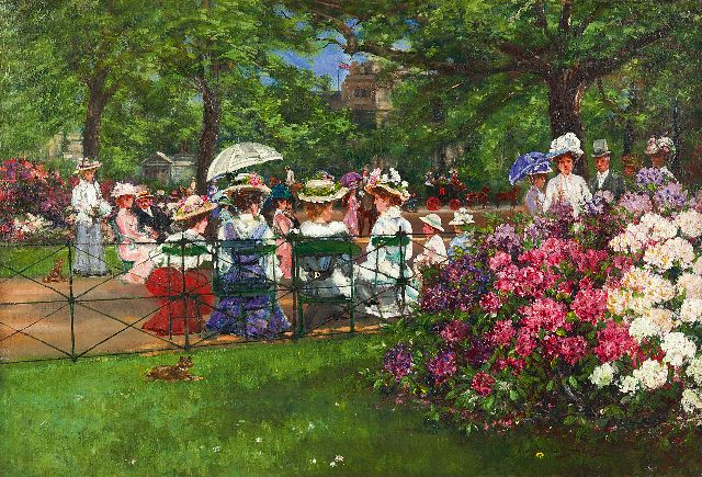 Joseph Edward Homerville Hague | Elegant gezelschap in Hyde Park, Londen, olieverf op doek, 43,5 x 64,2 cm, gesigneerd r.o.