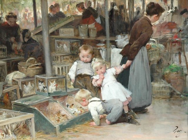 Henry Jules Jean Geoffroy | De dierenmarkt van Belleville, olieverf op doek, 47,4 x 63,9 cm, gesigneerd r.o