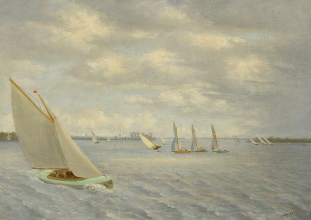 Dirk Smorenberg | Zeilboten op de Loosdrechtse Plassen, olieverf op doek, 50,5 x 70,5 cm, gesigneerd r.o.