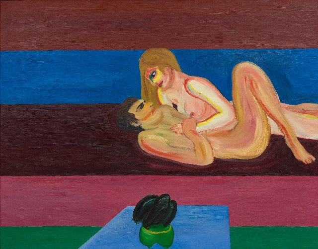 Theys Y.  | Liefdesscène in abstracte ruimte, olieverf op doek 118,0 x 146,1 cm, gesigneerd r.b. en op spieraam gedateerd 1975