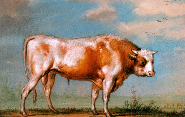 Eugène Verboeckhoven | Roodbonte stier, pastel op papier, 12,5 x 16,6 cm, gesigneerd l.o. mon en gedateerd 1817
