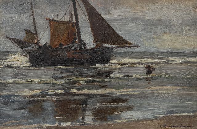 Wilhem Hambüchen | Het uitladen van de vangst, Katwijk, olieverf op paneel, 27,9 x 42,2 cm, gesigneerd r.o.