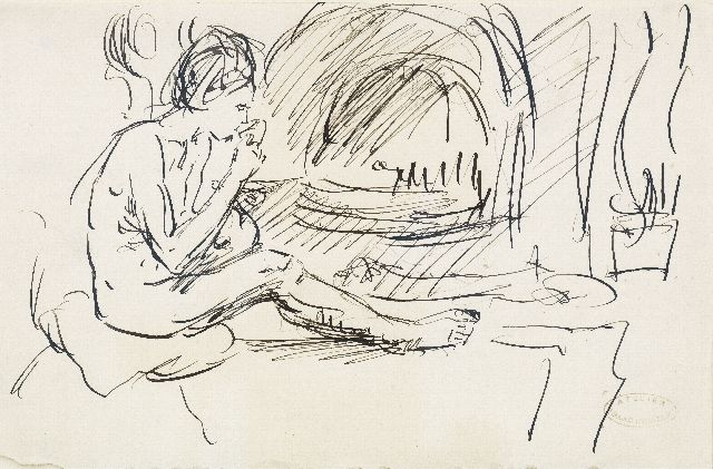 Isaac Israels | Zittend naakt bij haard, pen en inkt op papier, 13,2 x 20,9 cm