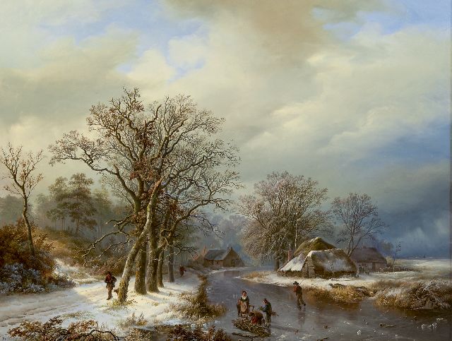 Bodeman W.  | Winterlandschap met schaatsers en houtsprokkelaars, olieverf op paneel 58,0 x 75,4 cm, gesigneerd l.o.