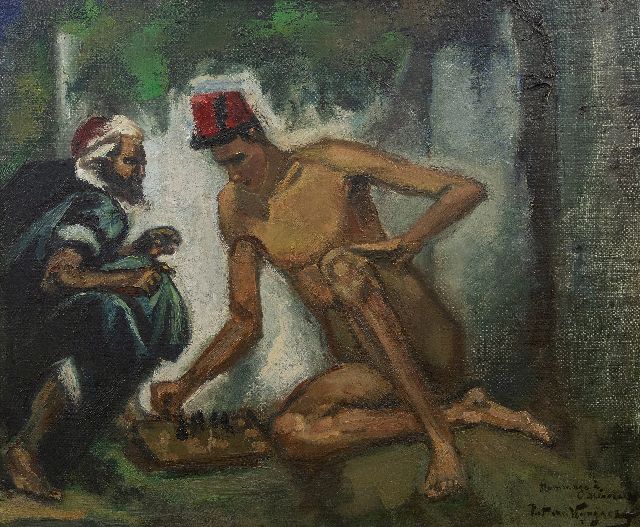 Piet van Wijngaerdt | Hommage à Delacroix een schaakpartij, olieverf op doek, 50,2 x 60,3 cm, gesigneerd r.o. en verso