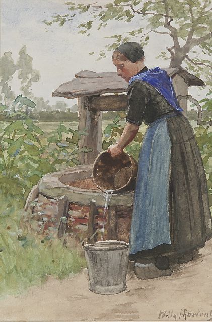 Willy Martens | Bij de waterput, aquarel op papier, 22,0 x 14,7 cm, gesigneerd r.o.