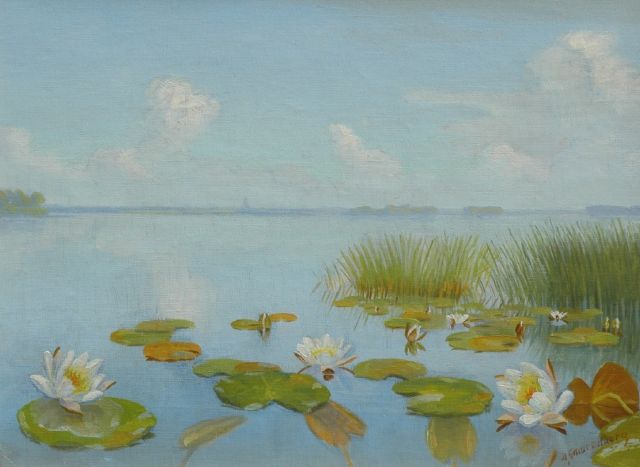Dirk Smorenberg | Waterlelies in de Loosdrechtse Plassen, olieverf op doek, 24,8 x 32,8 cm, gesigneerd r.o.
