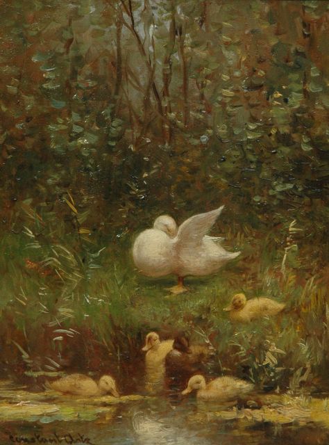 Constant Artz | Eendenfamilie aan de slootkant, olieverf op paneel, 24,0 x 18,0 cm, gesigneerd l.o.