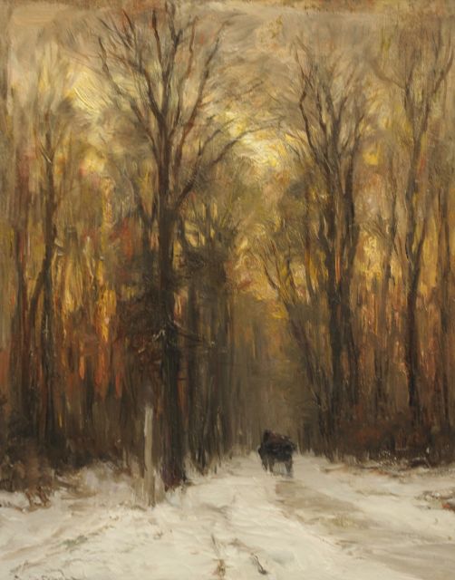 Louis Apol | Besneeuwde laan met paard-en-wagen, olieverf op doek, 49,9 x 39,6 cm, gesigneerd l.o.