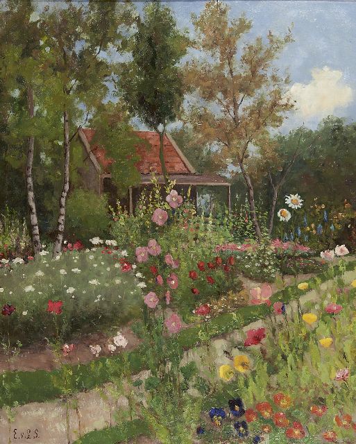Eldina van Limburg Stirum | Huisje in een bloementuin, olieverf op doek, 80,5 x 65,7 cm, gesigneerd l.o. met initialen