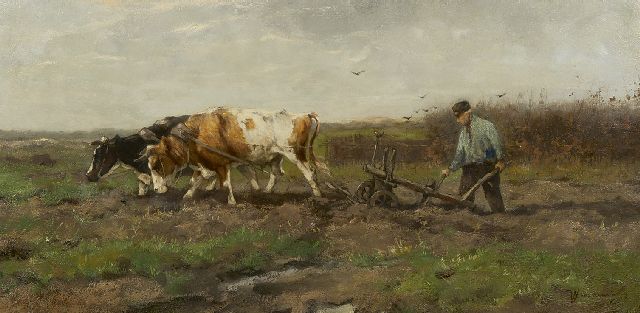 Johan Frederik Cornelis Scherrewitz | Ploegende boer, olieverf op doek, 40,1 x 80,4 cm, gesigneerd r.o.