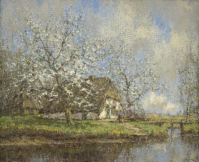 Arnold Gorter | Boerderij met bloeiende bloesembomen, olieverf op doek, 46,7 x 56,7 cm, gesigneerd r.o.