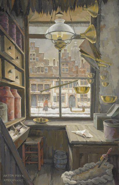 Anton Pieck | Kruidenierswinkeltje aan 't Havik, Amersfoort, olieverf op doek, 47,0 x 31,0 cm, gesigneerd l.o. en te dateren ca. 1986
