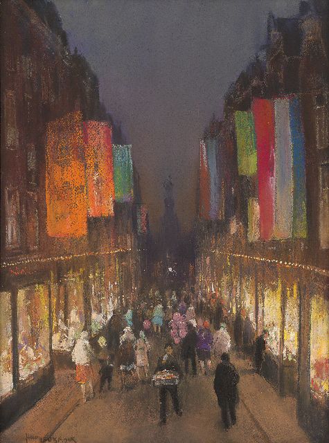 Herman Heijenbrock | De Amsterdamse Kalverstraat met vlaggen, bij avond, pastel op papier, 61,0 x 39,3 cm, gesigneerd l.o. en te dateren ca. 1932