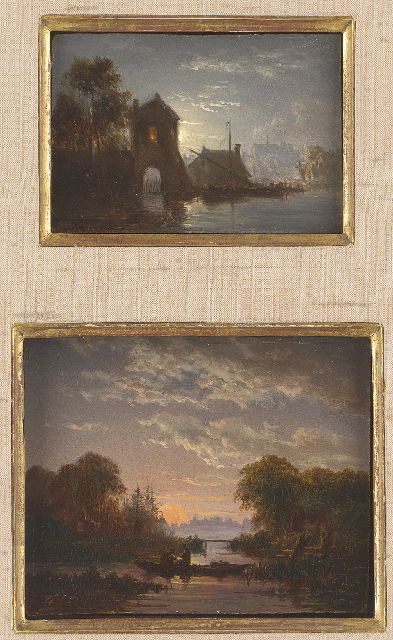 Jacob Abels | Vissers bij dageraad en Haven bij maanlicht (samen in lijst), olieverf op paneel, 9,6 x 11,6 cm, gesigneerd één gesigneerd l.o. met monogram