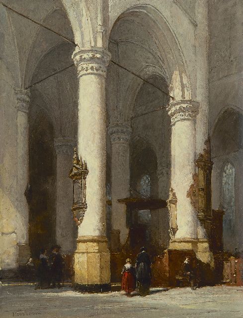 Johannes Bosboom | Interieur van de Hooglandse Kerk, Leiden, olieverf op paneel, 23,5 x 18,0 cm, gesigneerd l.o.