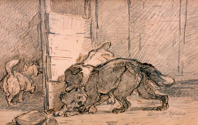 Henriette Ronner-Knip | Het gevecht, pen en potlood op papier, 20,0 x 31,0 cm, gesigneerd r.o.