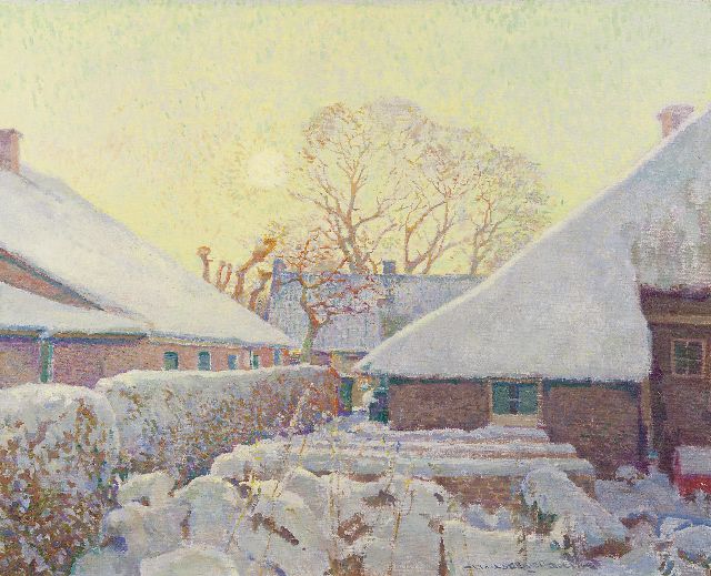 Hessel de Boer | Besneeuwde boerderijen in Blaricum, olieverf op doek, 60,2 x 74,0 cm, gesigneerd r.v.h.m.