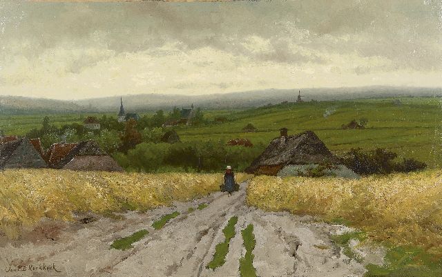 Jan H.B. Koekkoek | Panoramisch landschap met boerin op landweg, olieverf op doek, 64,3 x 102,4 cm, gesigneerd l.o.