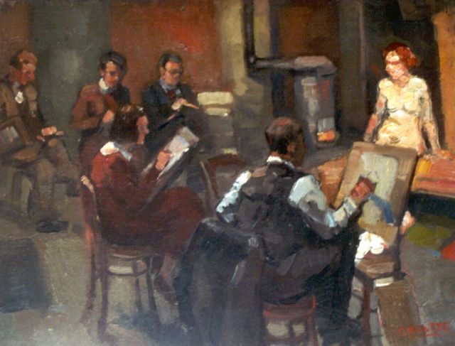 Cor Noltee | De schildersklas, olieverf op doek, 34,0 x 45,0 cm, gesigneerd r.o.