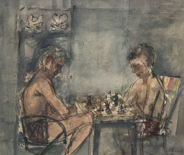 Kikkert A.  | Schaakspelers in café Pardoel, Rotterdam, inkt en aquarel op papier 30,7 x 41,6 cm